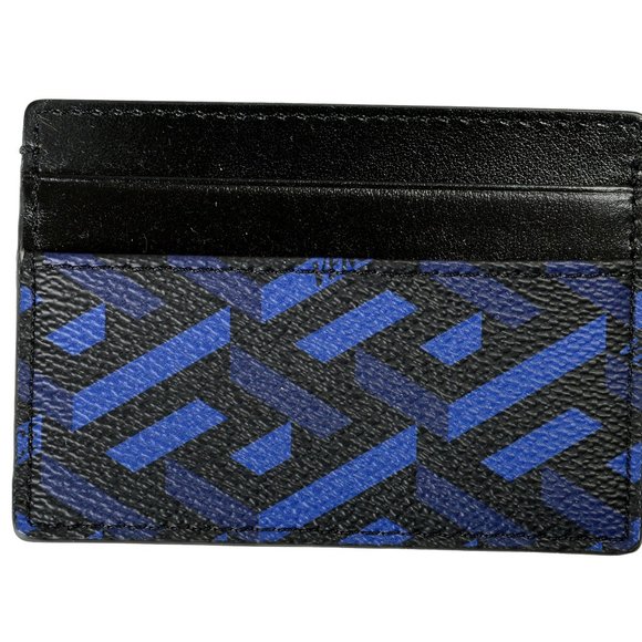 Versace Unisex "La Greca" Signature Textured Leather Blue Card Case